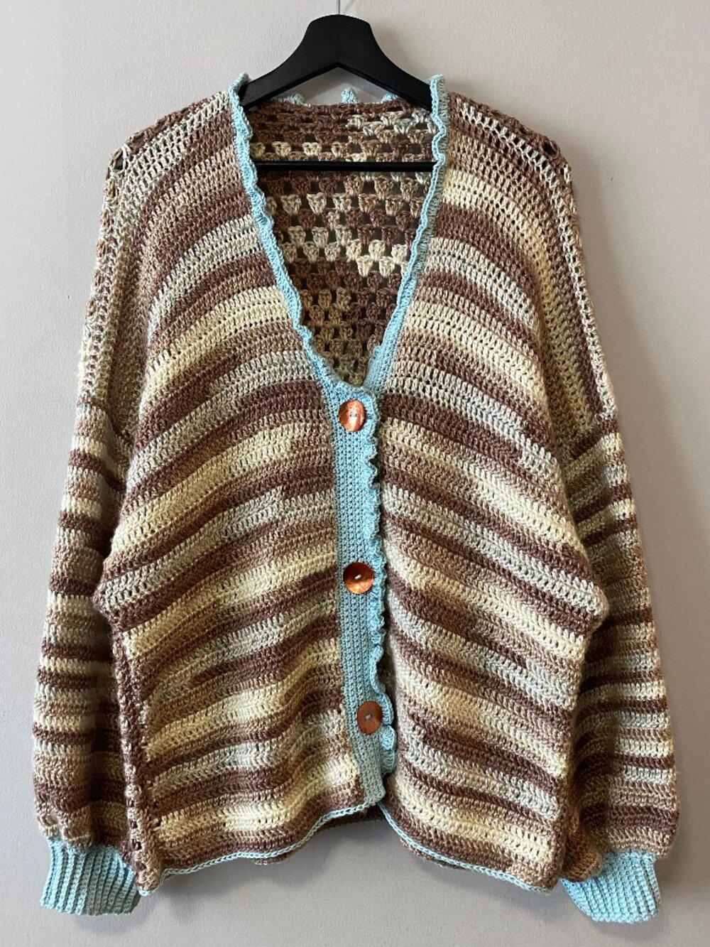 Handmade Crochet Browns Blue Ruffle Detail Plus Size Cardigan